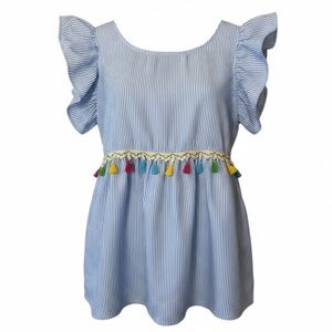 SHIEN White and Blue Striped Ruffle Sleeve Top with Multicolor Tassel Detail